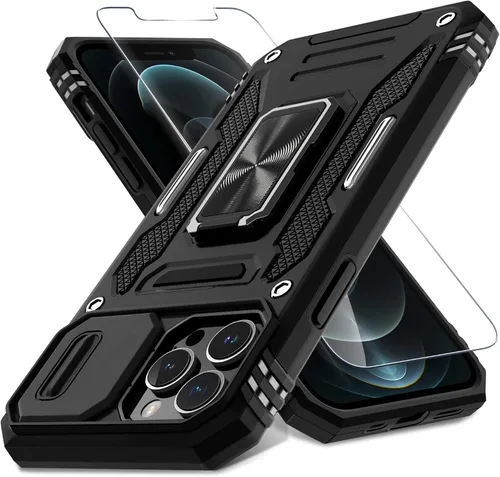 Vista 345 de DEERLAMN Funda para iPhone Xs Max con funda deslizante para cámara + protector de pantalla, soporte giratorio de anillo de grado militar a prueba
