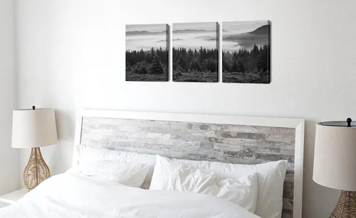 Vista 4 de Lienzo de montaña ahumada en blanco y negro, arte de pared, imágenes de bosque, decoración de pared, árboles brumosos, paisaje, pinturas
