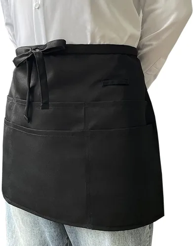 Vista 9 de Delantales de servidor negros con 6 bolsillos, delantal de cintura para camarero unisex, peluquero y limpiador