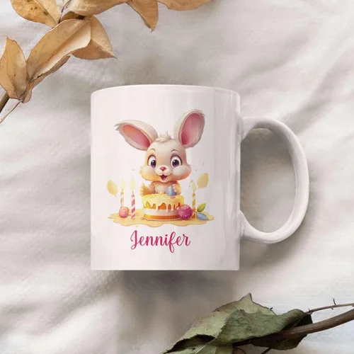Vista 2 de Taza de viaje de cerámica personalizada de conejo, taza con nombre personalizado para los amantes de los conejos, taza de té con nombre temático