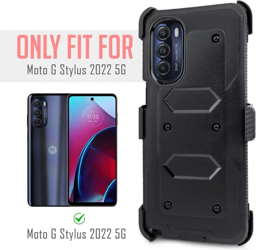 Vista 2 de Funda diseñada para Motorola Moto G Stylus 5G 2022 con protector de pantalla integrado, clip giratorio para cinturón, función atril, funda