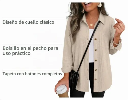 Vista 4 de Zeagoo Camisa de punto gofre para mujer, con botones, manga larga, con 01-albaricoque
