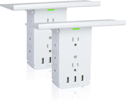 Vista 10 de Paquete de 2 extensores de toma de corriente de pared con USB, 6 tomas de corriente y 2 protectores de sobretensiones USB, estante integrado