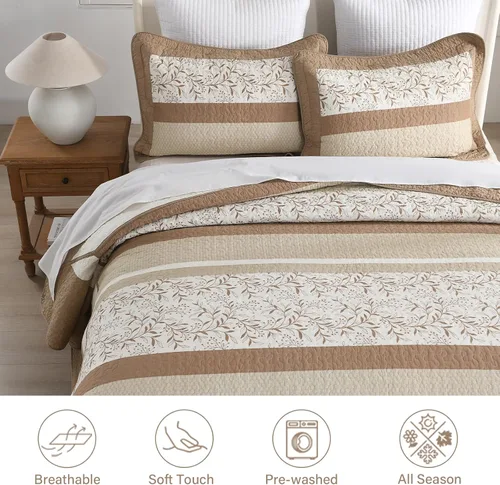 Vista 5 de Finlonte - Juego de cama de 3 piezas con edredón/cubrecama acolchado tamaño queen, 100% algodón, 260x305 cm, a cuadros florales de granja