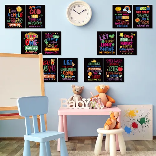 Vista 4 de Cinrobiye 12 carteles con versículo bíblico para niños, arte de pared cristiano inspirador con citas de las Escrituras, decoración religiosa