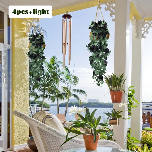 Vista 8 de RECUTMS - Guirnalda de flores artificiales colgantes de rosas negras, 2 guirnaldas florales falsas de 3.3 pies con 30 luces LED para pared