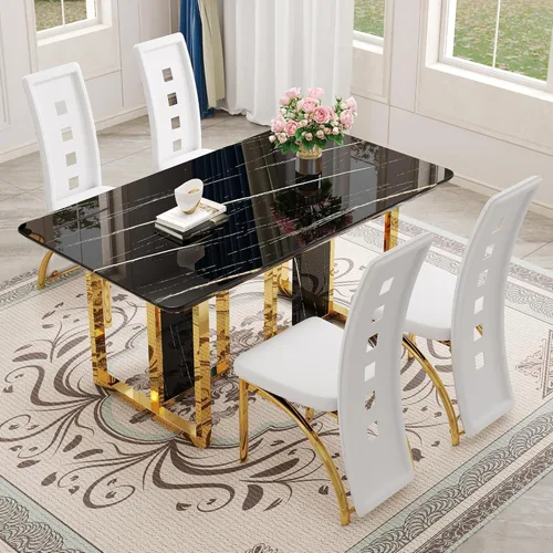 Vista 35 de Juego de mesa de comedor de mármol blanco de 63" para 6 Sillas negras 1