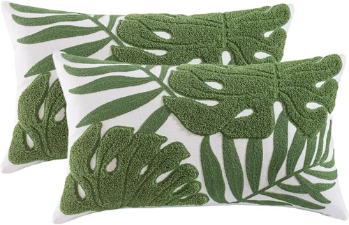 Vista 10 de Fundas de almohada bordadas de 18 x 18 pulgadas, paquete de 2 hojas Hoja tropical azul