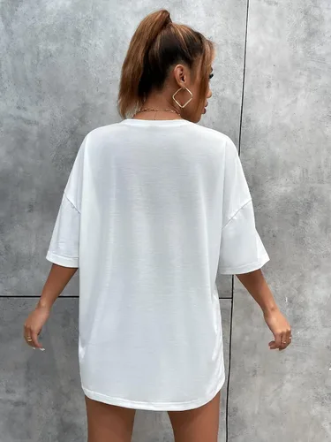 Vista 2 de SOLY HUX Camiseta de verano de gran tamaño con estampado de letras y cuadros para mujer