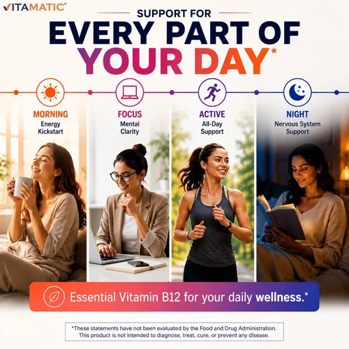 Vista 7 de Vitamatic Vitamina B12 1000 mcg de disolución rápida - 365 tabletas - Sabor natural de bayas - Apoya el metabolismo energético y la salud