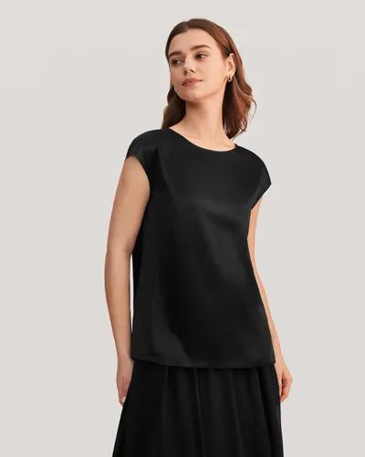 Vista 6 de LilySilk Blusa de seda para mujer, de manga corta, para verano, fresca, cómoda, Charmeuse Negro