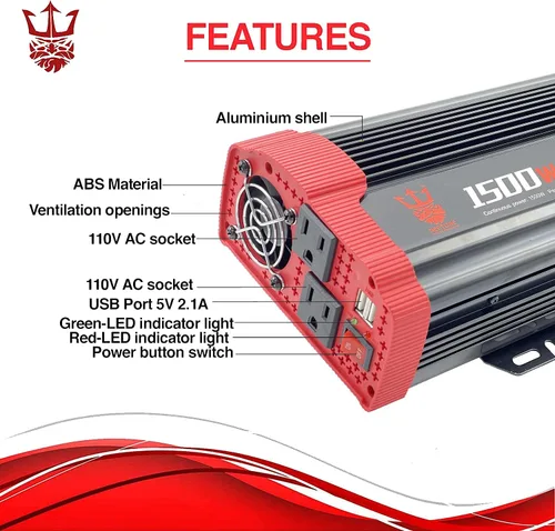 Vista 3 de Inversor de corriente para automóvil de 1500 W, convertidor de CC de 12 V a 110 V CA con 2 salidas de cargador y puertos USB duales de 3.1 A