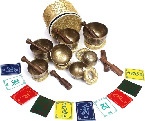 Vista 3 de ESK-06 - Juego de 7 cuencos tibetanos de 3 a 5.2 pulgadas, cuenco cantor del Himalaya, hecho a mano, con cojines de seda, 7 palos, bandera y caja
