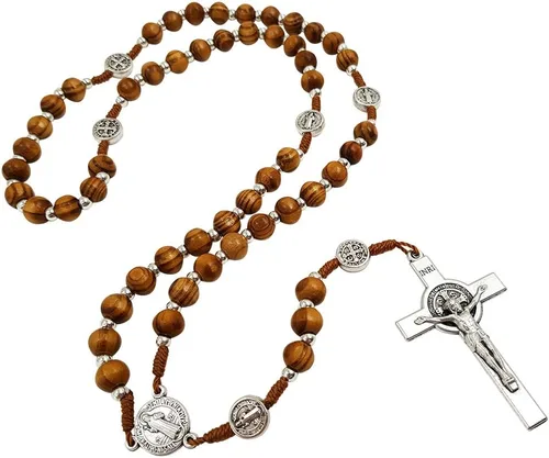 Vista 3 de TALISMAN4U Rosario de madera de olivo collar católico Medalla de San Benito Crucifijo Crucifijo Jerusalén Cruz Caja de regalo