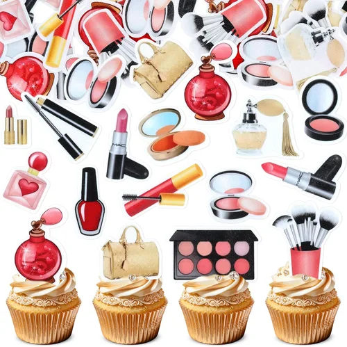 Vista 7 de 35 piezas impresas de maquillaje para cumpleaños, cupcakes, pestañas de diamante, pintalabios, palillos de cupcakes, perfumes, alimentos