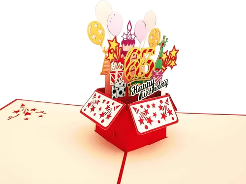 Vista 6 de iGifts And Cards Tarjeta de felicitación emergente 3D con caja de fiesta de cumpleaños número 65 color rojo de feliz 65 años – Sesenta y cinco