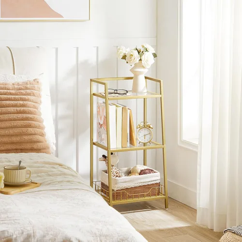 Vista 2 de HOOBRO Soporte de estante de vidrio dorado, unidad de estante de pie de 3 niveles, organizador y almacenamiento de baño, estantes de almacenamiento