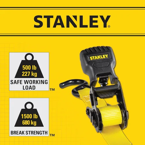 Vista 3 de STANLEY S10002 Correas de amarre de trinquete negras/amarillas de 1 pulgada x 10 pies - Carga de trabajo segura de 500 libras / Resistencia a
