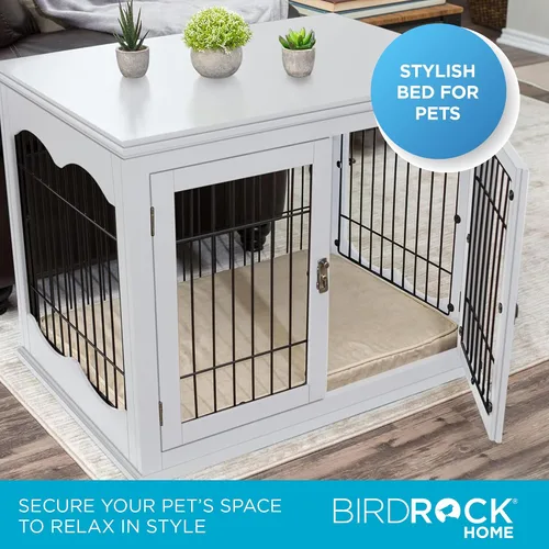 Vista 5 de INTERNET'S BEST Perrera decorativa para perros con cama para mascotas, casa pequeña para mascotas, jaula interior de doble puerta, muebles de madera