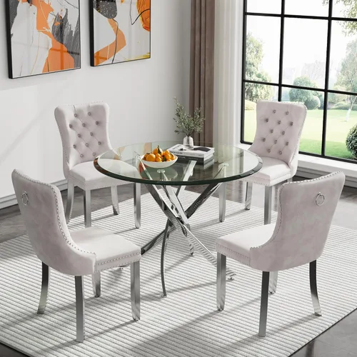Vista 123 de Juego de mesa de comedor SSLine moderno de 3 piezas con mesa redonda de vidrio para 2, lujosa mesa de comedor circular de 36" con tapa de vidrio