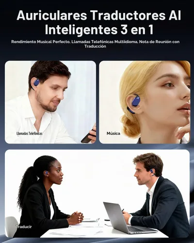 Vista 6 de AI Translator Earbuds Open-ear, 164 idiomas, traducción en tiempo real Azul