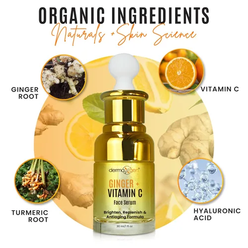 Vista 2 de Suero de vitamina C de jengibre para la cara, suero facial orgánico con ácido hialurónico y raíz de cúrcuma, hidratante para piel opaca y seca