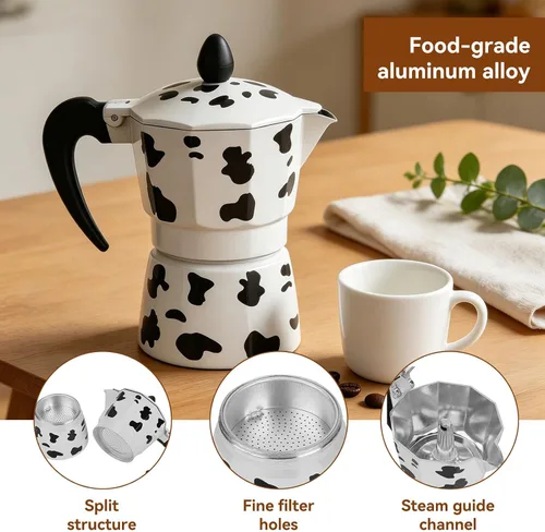 Vista 6 de Cafetera de café expreso para estufa, cafetera de moka de vaca lechera, cafetera portátil de aluminio de 3/6/9 tazas para el hogar, cafetería
