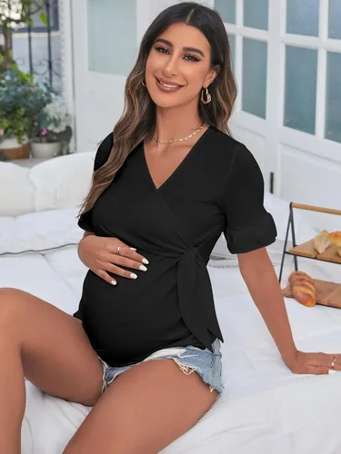 Vista 6 de SOLY HUX Women's Maternity Summer T Shirt Casual Ruffle Wrap V Neck Tie Front Pregnancy Tee Top