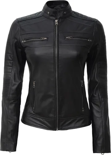 Vista 3 de Chaqueta de cuero para mujer Cafe Racer - Chaquetas de motocicleta de piel de cordero real, Marrón