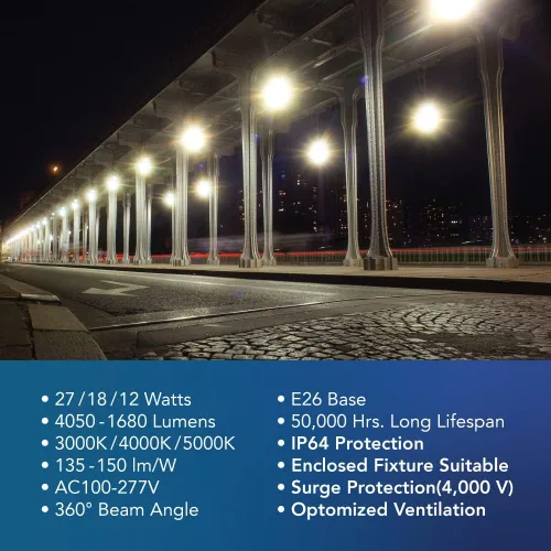 Vista 7 de Euri Lighting ECB27W-303sw, Bombilla LED de maíz, CCT (3K, 4K, 5K) y potencia sintonizable (27W, 18W, 12W), 135-150LM/W, 100~277VAC, atenuación