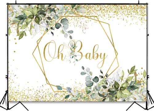 Vista 3 de InMemory Greenery Oh Baby Shower - Telón de fondo con purpurina de eucalipto dorado neutro para baby shower, fondo de fotografía de hojas verdes