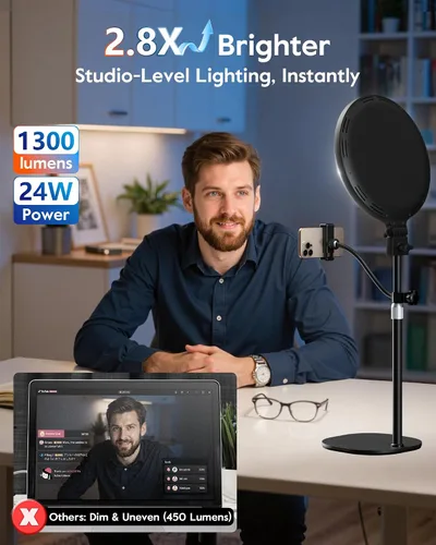 Vista 3 de Anillo de luz de 1300 lúmenes con soporte para escritorio, computadora y laptop, luz de podcast y transmisión con soporte flexible para teléfono