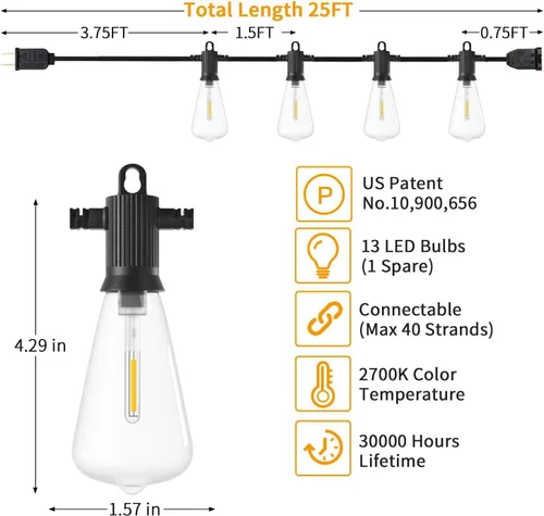 Vista 3 de ZOTOYI Luces de Cadena para Exteriores de 25 Pies, Luces de Patio Impermeables IP65 con 13 Bombillas LED ST38 Irrompibles, Luz Colgante Exterior