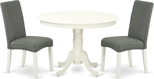 Vista 16 de East West Furniture HLDR3-CAP-03 Juego de mesa de comedor de 3 piezas contiene una mesa de comedor redonda con pedestal y 2 sillas Parson tapizadas
