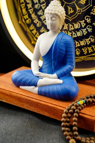 Vista 3 de Houlu Lámpara de mesa LED con estatua de Buda azul y círculo, estatua de Buda de cerámica para decoración del hogar