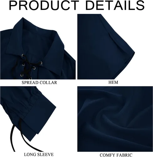 Vista 5 de Camisa de pirata medieval para hombre, vikingo, renacentista, con cordones, mercenario, Halloween, jacobita escocés, ghillie