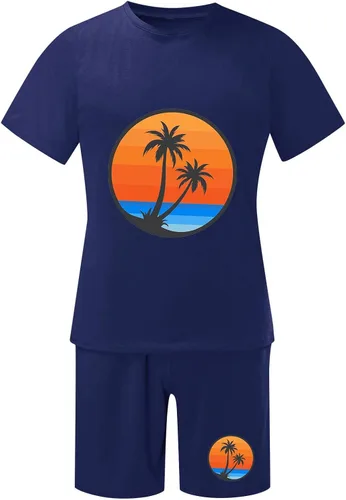 Vista 3 de EELHOE Mens Beach Outfits 2 Piece Relaxed-Fit Lightweight Short Sleeve Shirt and Drawstring Shorts Breathable Tracksuit
