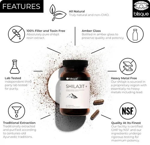 Vista 2 de Blisque Cápsulas de extracto de resina Shilajit orgánica pura del Himalaya Auténtico y natural Grado dorado A Contiene ácido fúlvico