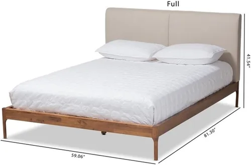Vista 3 de Baxton Studio Aveneil Mid-Century - Cama tapizada de tela beige con acabado de nogal tamaño matrimonial