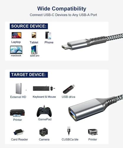Vista 7 de Cable OTG USB C a USB hembra de 6.6 ft, extensión OTG USB-A 3.0 para unidad flash, teclado y mouse, adaptador tipo C macho a USB compatible