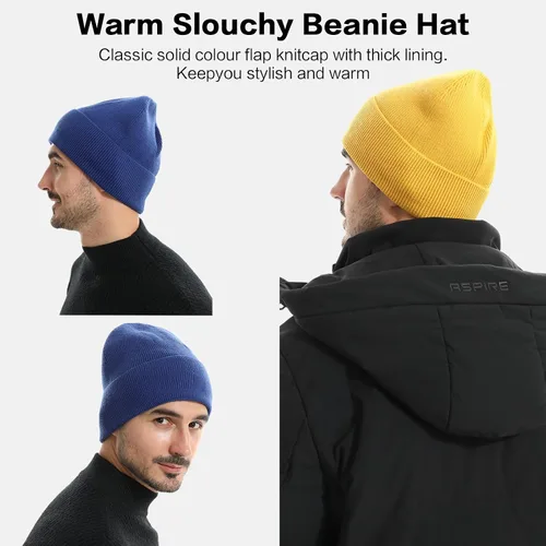 Vista 7 de HH HOFNEN Gorro de invierno para mujeres y hombres, gorro de punto de lana con forro polar con puños