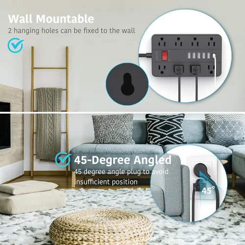 Vista 6 de Cable de extensión plano con protector de sobretensiones, tira de alimentación de enchufe plano, 8 tomas de corriente ampliamente espaciadas y 6