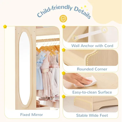Vista 6 de Curipeer Almacenamiento de disfraces para niños con espejo, armario para niños con almacenamiento y 3 ganchos, armario para niños y niñas