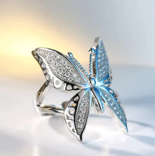 Vista 5 de Awmnjtmgpw - Anillo de compromiso de plata de ley 925 con diseño de mariposa brillante, plegable, con apertura ajustable