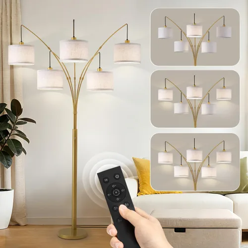 Vista 14 de Lámpara de pie con control remoto, lámparas de pie de arco de 3 luces para sala de estar, lámparas de pie altas de 2400 lm con pantallas blancas
