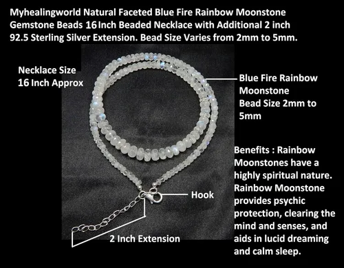 Vista 6 de Myhealingworld Cuenta de piedra lunar arcoíris de fuego azul natural de 0.079 a 0.197 pulgadas de piedra preciosa facetada de 16 pulgadas con collar