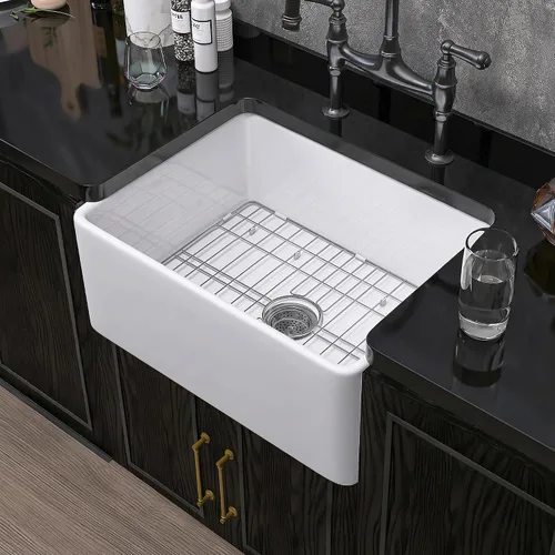Vista 22 de Miuara Farmhouse - Fregadero de cocina frontal con delantal de arcilla refractaria de hueso de 33 x 18 pulgadas For kitchen, Heavy duty fireclay
