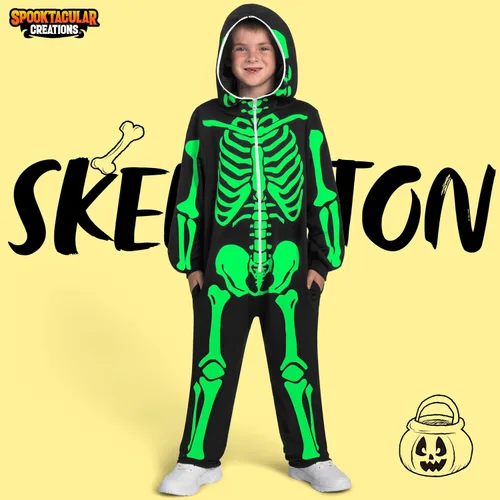 Vista 2 de Spooktacular Creations Pijama unisex de esqueleto para niños, pijama de felpa con cremallera que brilla en la oscuridad con capucha de esqueleto