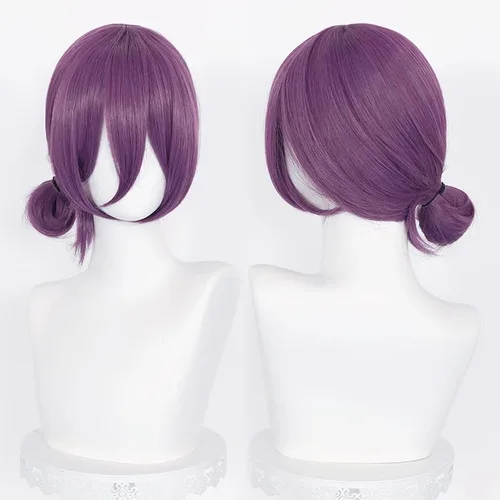 Vista 3 de Probeauty Peluca de cosplay púrpura para mujeres y niñas, peluca corta de anime púrpura con flequillo + gorra de peluca para fiesta de disfraces
