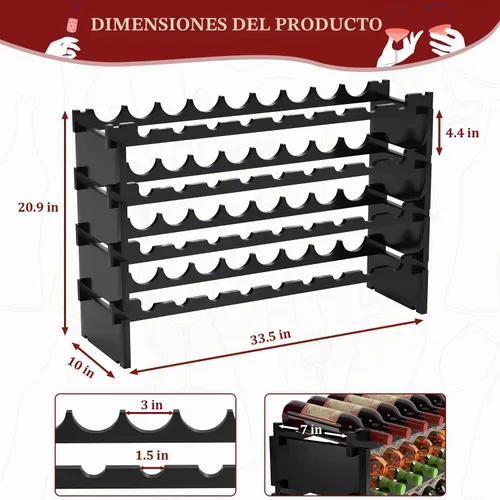 Vista 4 de Domax Estante para vino independiente – 36 botellas de madera apilable soporte de almacenamiento de vino para gabinete, bar, despensa y bodega